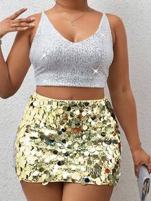 Allurite Váy sequin lấp lánh cỡ lớn cho trang phục dự tiệc năm mới - Vàng nhạt - Xem 6