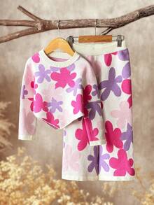 Emery Rose Kids Emery Rose Kids 2 件套少女彩色花卉图案圆领不对称斗篷毛衣和阔腿针织裤套装，可爱、温暖、舒适、休闲 - 彩色 - 查看 7