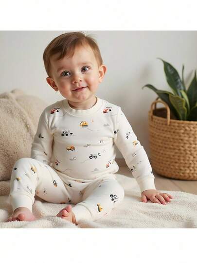 Loomiva 2pcs Baby Boy Snug Fit Pajama Set, Cartoon Car Print Soft Knit Crew Neck Long Sleeve Top And Elastic Waist Long Pants, Comfortable Cotton Sleepwear For Toddler, Suitable For Winter