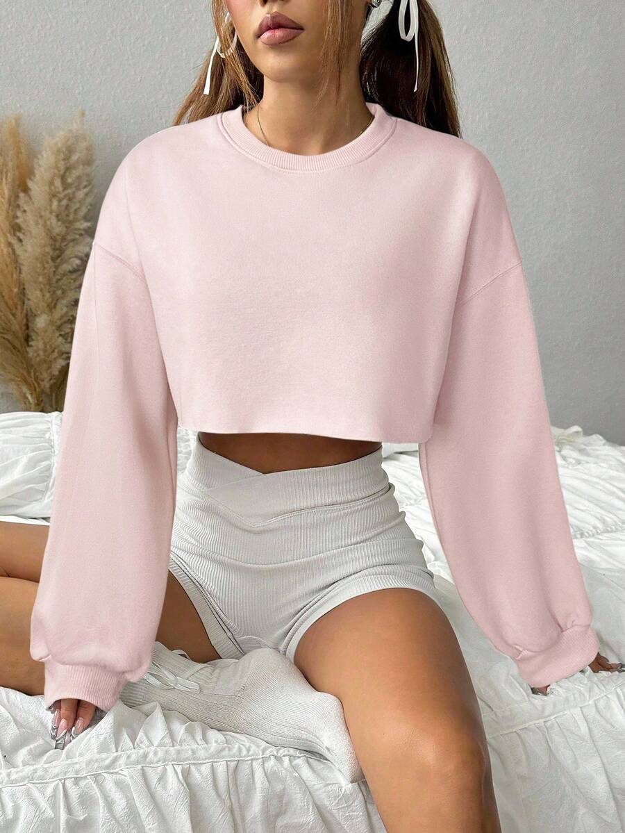 SHEIN EZwear 女士时尚休闲粉色短款运动卫衣,秋季 - 粉色 - 查看 1