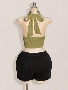 SHEIN ICON Blusa de punto negra con lazo en el cuello y espalda descubierta, talla grande, con tirantes con lazo delantero, top básico de cuello de halter estilo Y2K