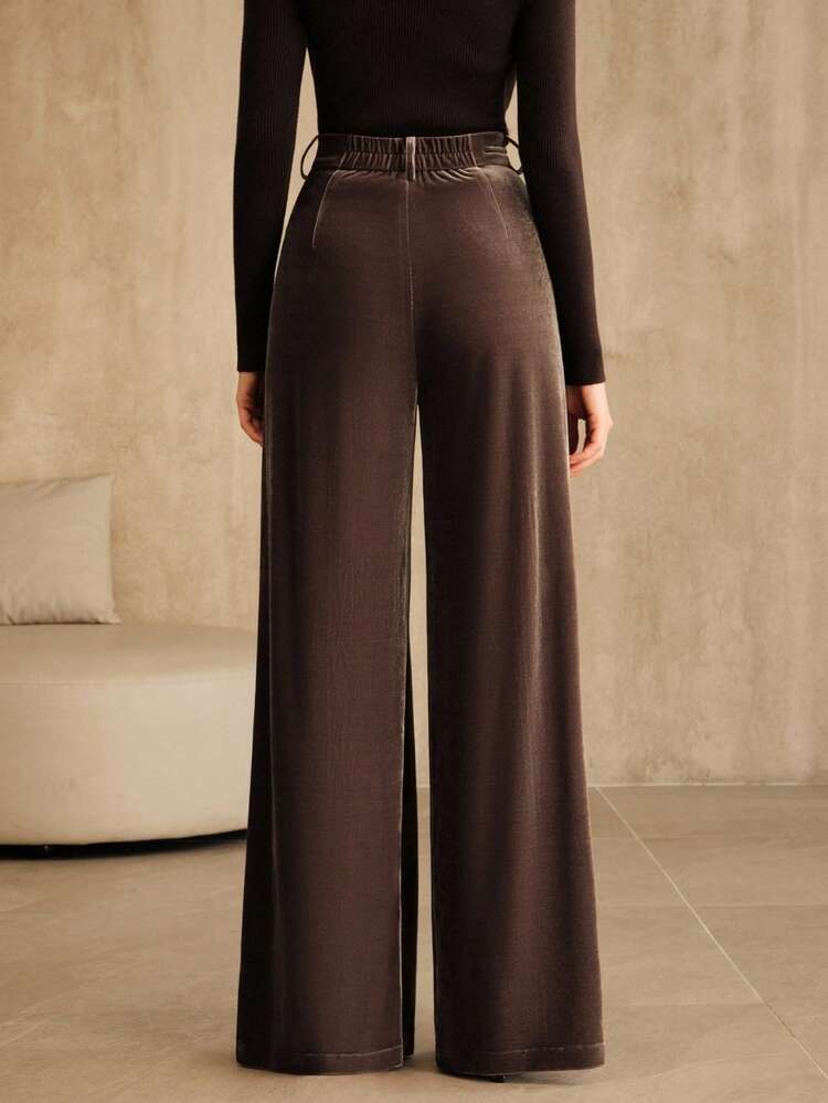 Elegant Loose Fit Velvet Wide Leg Pants, Chic Business, Spring Casual