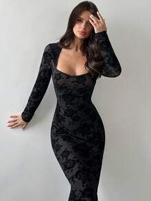 Firerie Women's Black Flocked Floral Elegant Fitted Midi Dress, Bustier Dress, Vintage Dress, Spring/Summer/Autumn, Elegant, Work, Sexy, Romantic, Date, Party, Wedding, Graduation, Performance, Concert, Work Attire, Back To School, Women's Birthday Dress,New Year Clothes