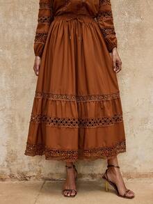 SHEIN Privé VITNOS Women's Elegant Autumn Skirt,All Shades Of Brown Bohemian Drawstring Waist Contrast Lace Ruffle Hem,Vintage Victorian Style For Tea Party - Brown - View 5