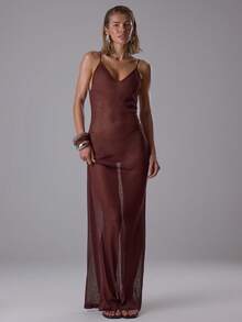 MUSERA 透视深V领宽松细肩带长裙，优雅性感，适合夜晚外出、度假、可爱酷女孩、街头风、黎明、晚宴、派对等场合。 - 棕色 - 查看 2