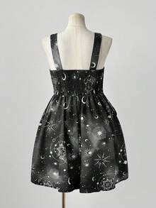 Sunspun New Fashionable Versatile Holiday Fantasy Starry Sky Print Patchwork Ruffle Tie-Up Waist Decor Zipper Front Cami Dress With Mini Skirt For Women