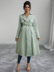 Momance Solid Color Front Pocket Pleated Casual Maternity Regular Jacket - Green - View 3