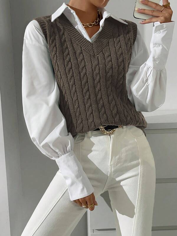 Zielony Damska kamizelka dzianinowa z dekoltem w serek i wzorem warkoczowym, na co dzień, jesień/zima