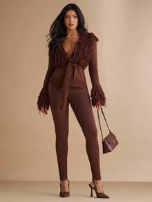 Silquee Damen Lässig einfarbige Langarm Bindegürtel Strickjacke Ausgehoberbekleidung, Büro Fransentops, Musik Festival Tops, Taille raffende Tops und Ausgehtops für Herbst/Winter - Braun - Übersicht 4