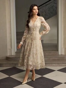 ZEYLAH V-Neck Tie-Up Cutout Long Sleeve Dress, Autumn/Winter - Apricot - View 5