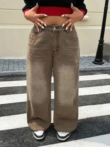 SHEIN ICON Plus Size Women High Waist Pockets Loose Casual Wide Leg Jeans