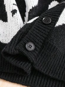 SHEIN Tween Boy Casual Black & White Contrast Letter Graphic Knit Cardigan, Autumn/Winter Boys Boy Kids Boys Kids Boy Teen Boys Fall - Black - View 7