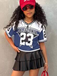 Coolane 少女秋季针织T恤，街头风图案蓝色V领露脐短款T恤，针织露脐上衣，返校季，返校节，酷女孩 - 藍色 - 查看 2