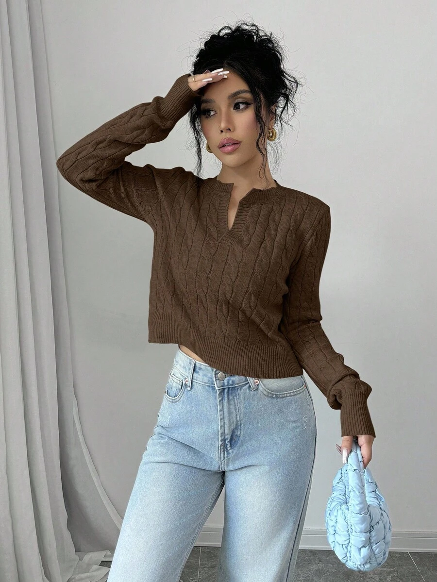 Elenzga Simple Solid Color Casual Daily Short Crew Neck Women Sweaters - Coffee Brown - View 1