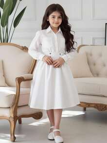 SHEIN 女大童腰部打褶前蝴蝶結半身裙 - 白色 - 查看 3