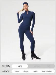 GLOWMODE Slim Fit warmer Taillenlanger 1/4 Reißverschluss Strick Langarm-Oberteil mit Daumenöffnungen für Laufen, Joggen, Wandern, Fitness, Training und tägliche Aktivitäten, feuchtigkeitsableitend - Dark Blue - Übersicht 6