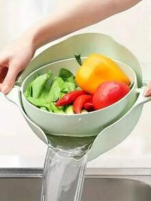 SHEIN A Double-Layer Fruit And Vegetable Washing Basin For Household Kitchen, A Rotatable Filter Basket For Washing Vegetables, A Draining Basket For Draining Water Without Dropping, And A Household Fruit Plate For Living Room - Multicolor - View 2