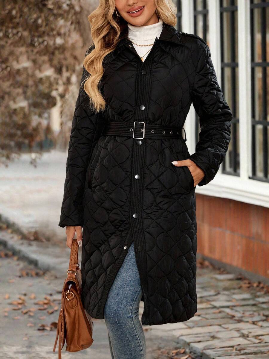 EMERY ROSE Chaqueta larga casual de invierno de un solo pecho de unicolor y manga larga para mujer - Negro - Ver 1