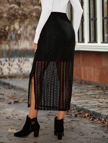 EMERY ROSE Chân váy ren xẻ tà màu trơn thanh lịch dành cho nữ khi đi làm - màu đen - Xem 2