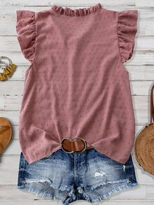 Calvaya Plus Size Women V-Neck Ruffle Sleeve Polka Dot Jacquard Casual Blouse