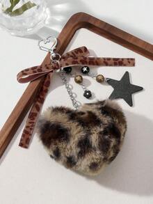 ROMWE Kawaii 1 件时尚复古个性化亚克力星花棕色仿皮草豹纹蝴蝶结心形 DIY 钥匙扣包饰，适合女性、日常佩戴、节日礼物