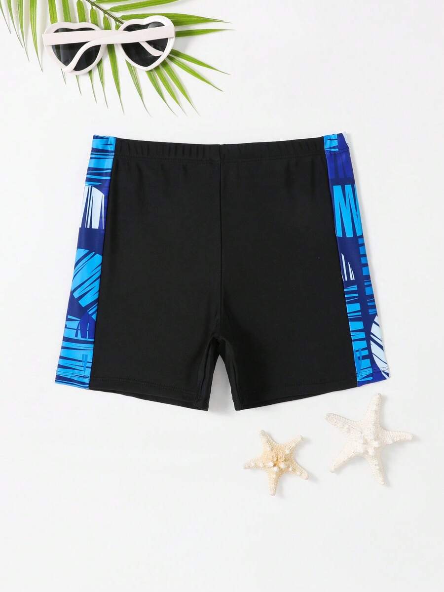 SHEIN Tween男孩 8-14歲側條紋幾何圖案快乾彈性泳褲,黑色藍色運動型夏季水上活動泳褲 - 黑色 - 查看 1