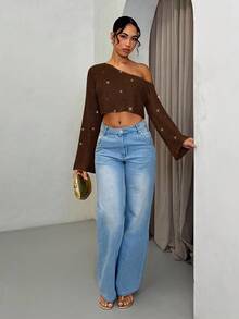 SHEIN BAE 秋冬女款闪亮斜肩长袖针织上衣 - 咖啡棕 - 查看 4