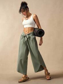 VARSIVA 女士纯色打结腰部阔腿宽松休闲裤 - 綠色 - 查看 9