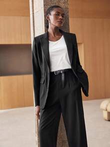 Maija Bộ đồ công sở 2 mảnh màu đen trơn thời trang tối giản thoải mái khi đi làm hàng ngày, trang phục chuyên nghiệp, áo khoác dài tay và quần ống rộng có khóa kéo, cạp chun thoải mái, thường ngày cho công sở - màu đen - Xem 10