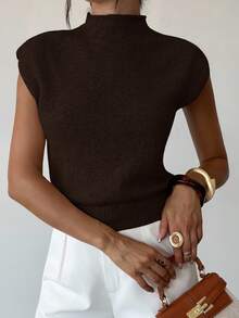 Firerie 优雅高领宽松休闲百搭无袖针织毛衣背心，秋冬棕色毛衣