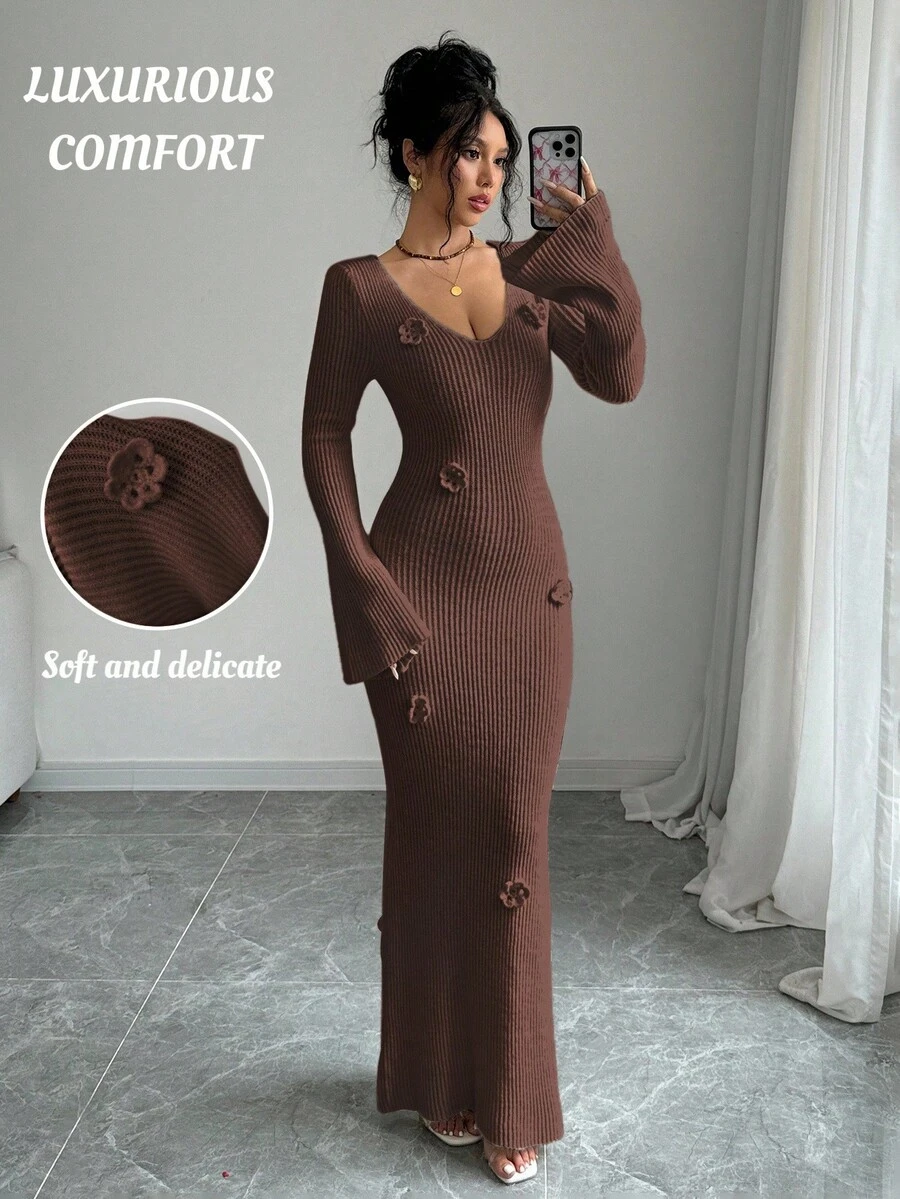 Elenzga 女士优雅纯色喇叭袖钩针 3D 花朵深 V 领超长针织毛衣裙，适合婚礼、情人节派对、度假、居家和户外、秋冬 - 咖啡棕 - 查看 1