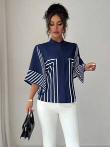 Elenzga 立领数码印花几何线条图案，不对称袖法式优雅衬衫，适合春夏度假 - 藏蓝色 - 查看 6