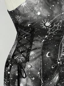 Sunspun New Fashionable Versatile Holiday Fantasy Starry Sky Print Patchwork Ruffle Tie-Up Waist Decor Zipper Front Cami Dress With Mini Skirt For Women