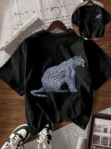 Glissea Women's Leopard Print Casual Loose Fit Round Neck Short Sleeve T-Shirt - Black - View 1