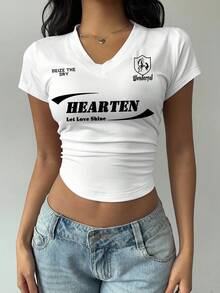 SHEIN EZwear 女式休闲复古V领褶皱腰修身短袖T恤，美式学院风 - 彩色 - 查看 4