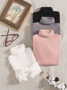 SHEIN LUNE 4 件女式高领长袖纯色套头毛衣，秋冬 - 彩色 - 查看 4