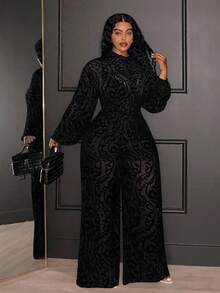 Veslaya Bộ quần ống rộng và áo sơ mi lưới mỏng gợi cảm dự tiệc cỡ lớn thanh lịch mới 2025 - màu đen - Xem 3