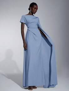 Elitara 优雅不对称袖荷叶边下摆长袖连衣裙，适合婚礼、正式活动、约会、伴娘