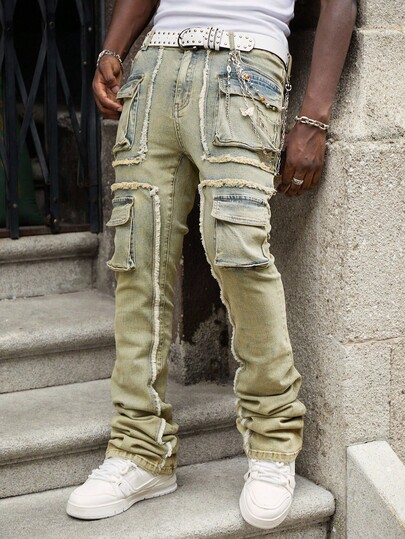 Street Life Jeans de mezclilla desgastados y lavados con bolsillos 3D elásticos y capas para hombres