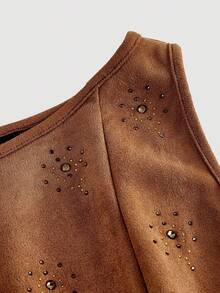 SHEIN MOD 女士棕色绒面革无袖水钻装饰连衣裙 - 棕色 - 查看 3