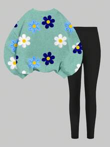 SHEIN Set 2 buc. pentru fete preadolescente, casual, clasic, cu imprimeu floral, guler rotund, confortabil, cu mânecă lungă, hanorac și colanți, potrivit pentru toamnă/iarnă