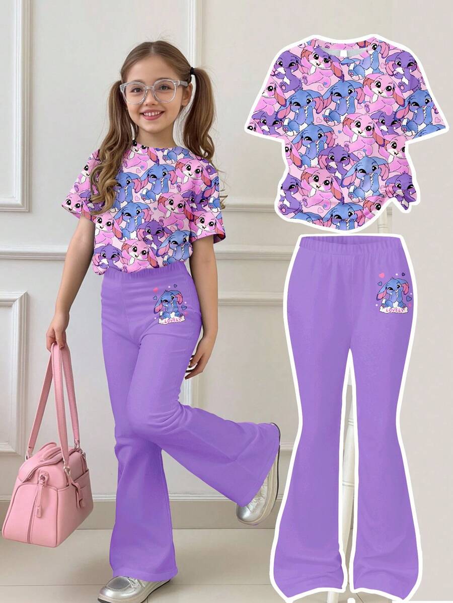 SHEIN Leap Crew 2件套可爱卡通蓝色兔子露露，缝线图案少女休闲简约短袖圆领T恤和喇叭裤套装，紫色 - 彩色 - 查看 1