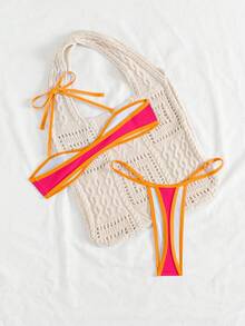 Swim SXY 2件套女士拼色装饰吊带可拆卸肩带丁字裤比基尼泳装套装 - 西瓜粉 - 查看 2
