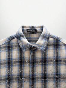 NEON BLANC Men's Street Fashion Woven Rhinestone Spider Web Plaid Short Sleeve Shirt - Blue - View 4