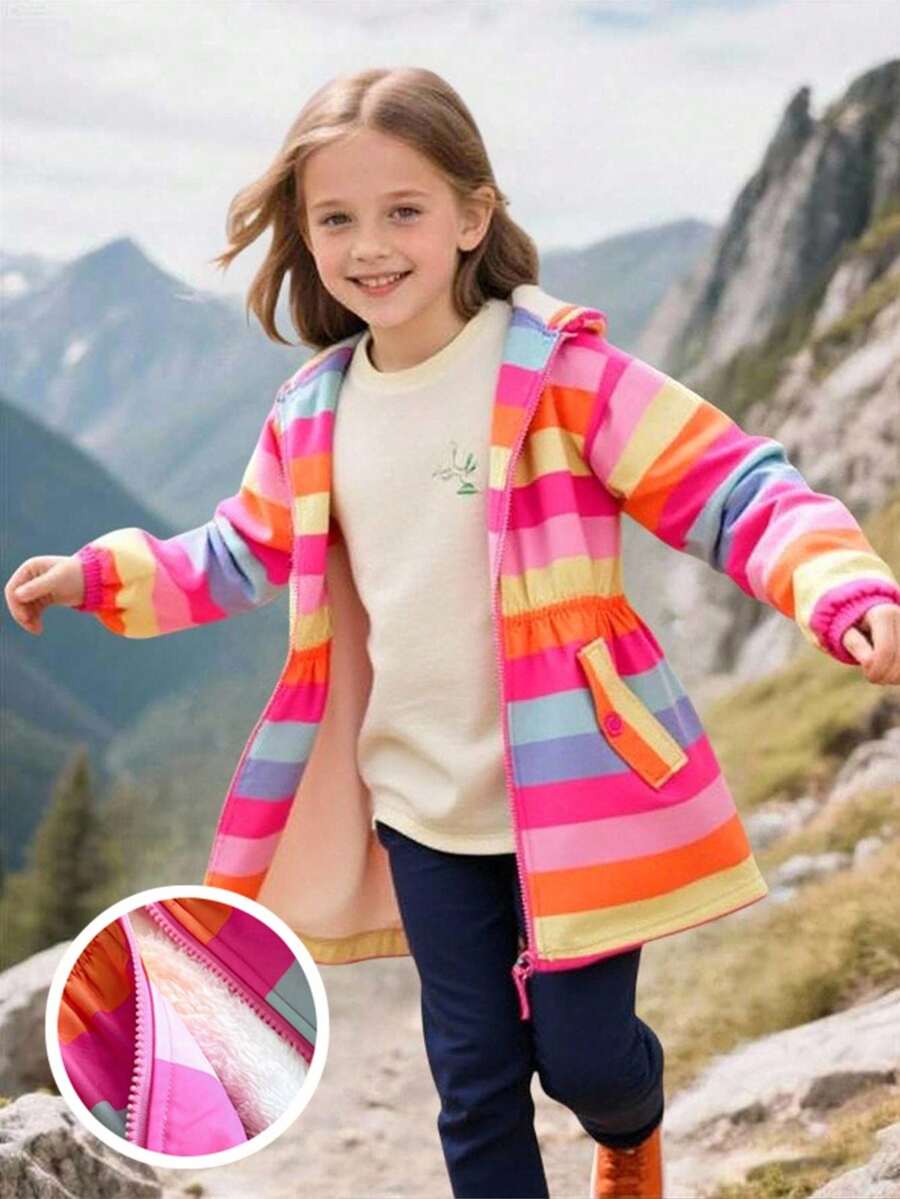 青少年女孩条纹长袖保暖内衬休闲连帽衫，秋冬 - 彩色 - 查看 1