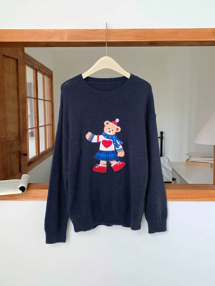 Women's Loose Casual Cute Colorblock Patchwork Cartoon Bear & Letter Print Embroidered Fashionable Knit Sweater, Autumn/Winter Christmas,New Year