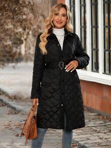 EMERY ROSE Chaqueta larga casual de invierno de un solo pecho de unicolor y manga larga para mujer - Negro - Ver 6