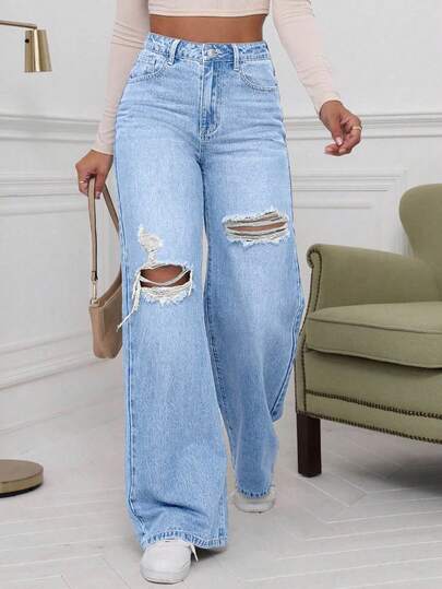 EMERY ROSE Washed Denim Blue High Waist Ripped Wide Leg Jeans