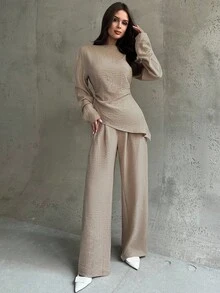 Firerie 2pcs Women's Khaki Elegant Office Outfit,Autumn Asymmetric Ruched Waist Long Sleeve Blouse And Wide Leg Pants,Linen Minimalist Casual Commute Suit - Khaki - View 1
