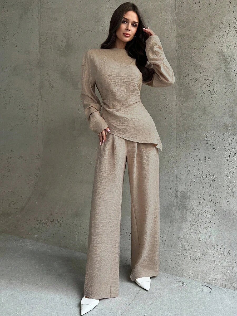 Firerie 2pcs Women's Khaki Elegant Office Outfit,Autumn Asymmetric Ruched Waist Long Sleeve Blouse And Wide Leg Pants,Linen Minimalist Casual Commute Suit - Khaki - View 1